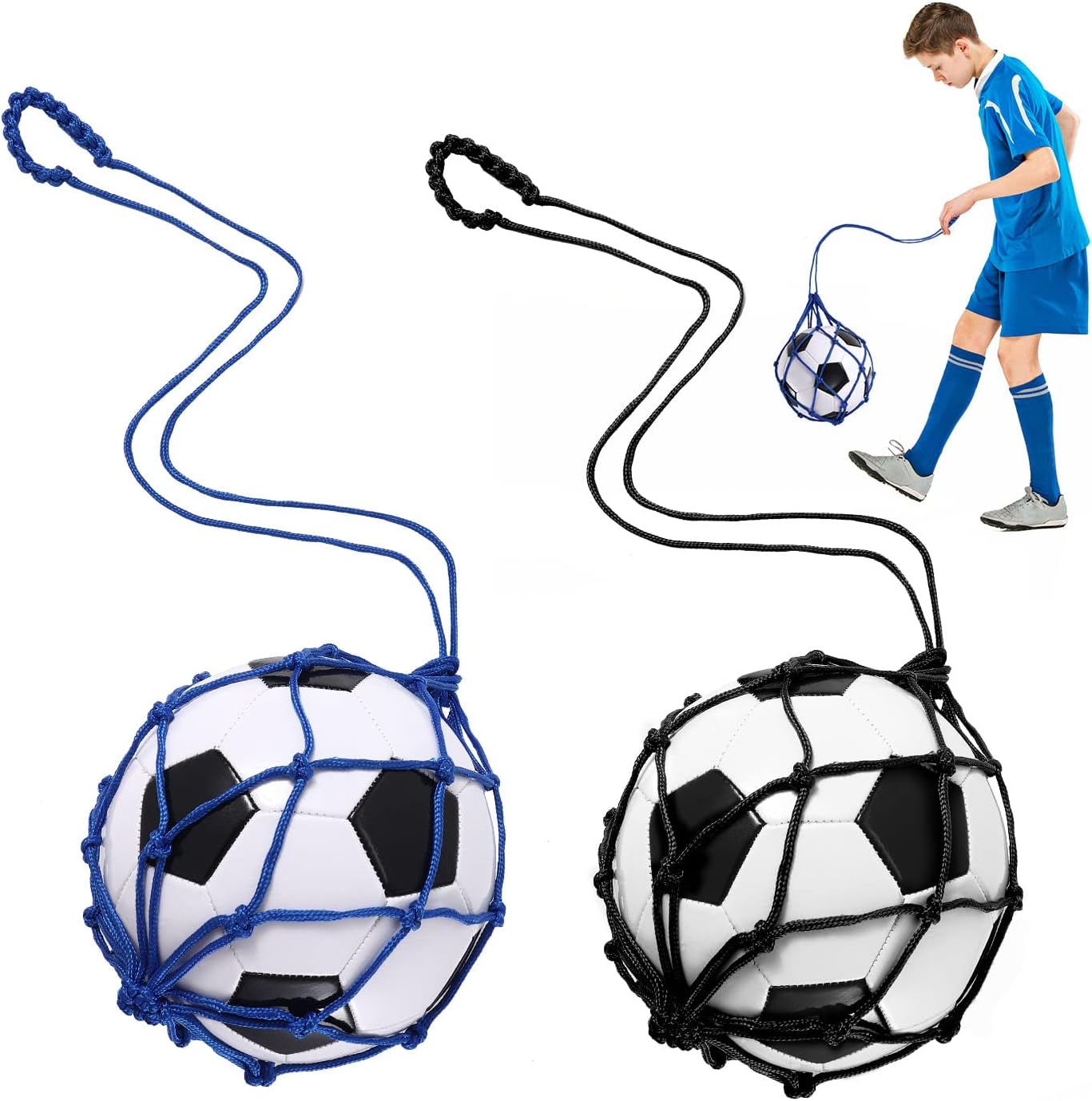 TOBWOLF 2PCS Football Kick Trainer, Soccer Return Trainer Net Fits Ball Size 3, 4, 5, Hands-Free Football Kick Throw Solo Practice Training Aid, Adjustable Waist Belt Soccer Ball Trainer Net